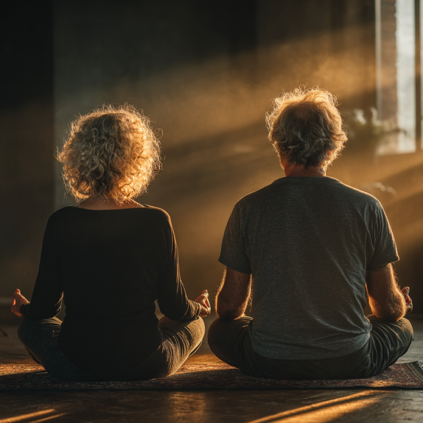 Група літніх людей практикує йогу